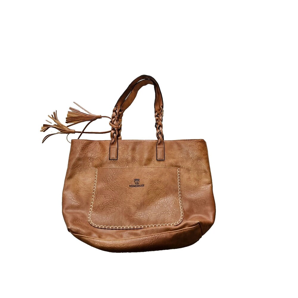 Weimeibaige Women's Leather Oversized Tote Vegan Light Brown Braided Handles